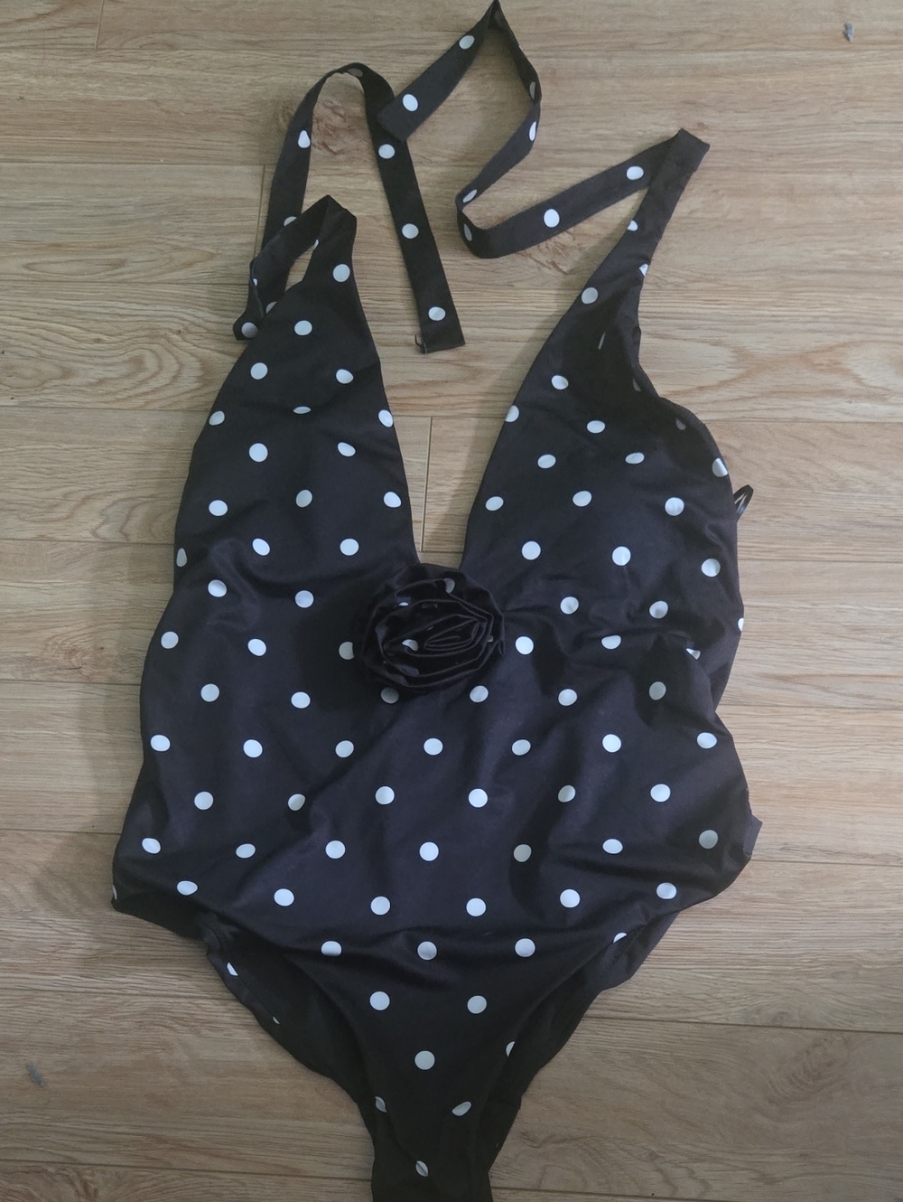 Girls' Black Polka Dot One-Piece Swimsuit with Flower Accent Zara M NEW WITH TAG
